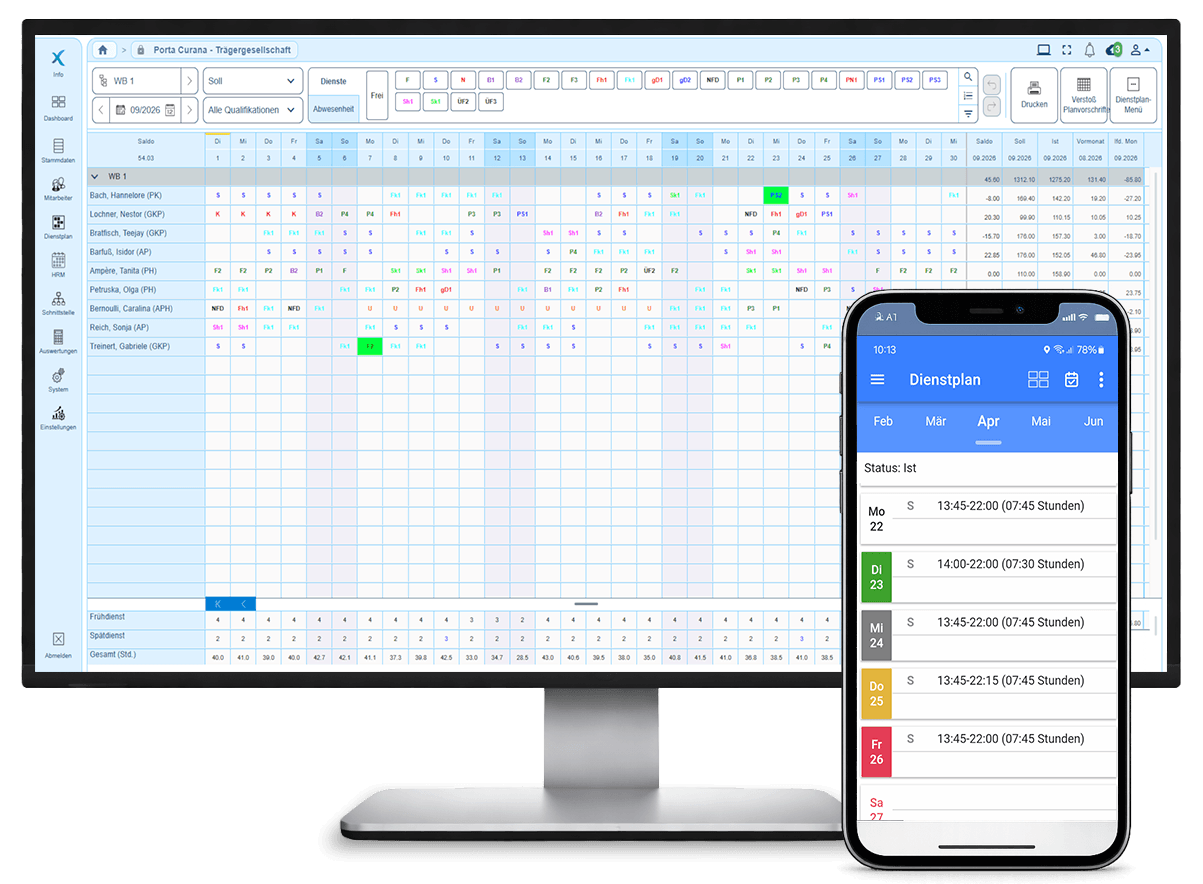 Ein Computerbildschirm zeigt einen Dienstplan, daneben ein Smartphone mit ähnlicher App-Oberfläche.